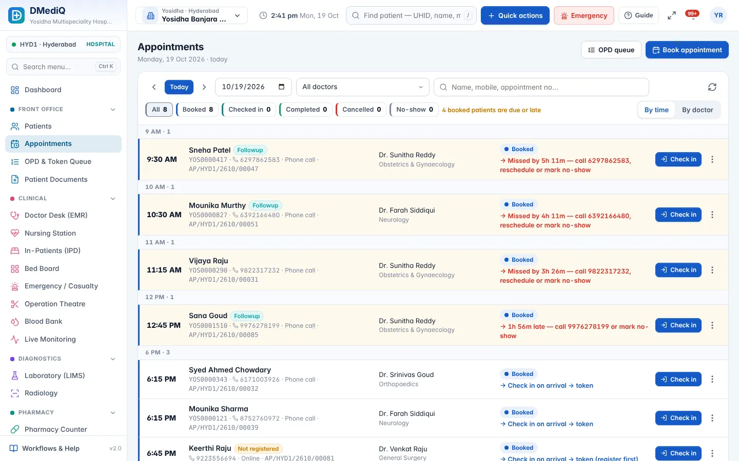 DMediQ Dental — Appointment calendar with doctor slots and check-in