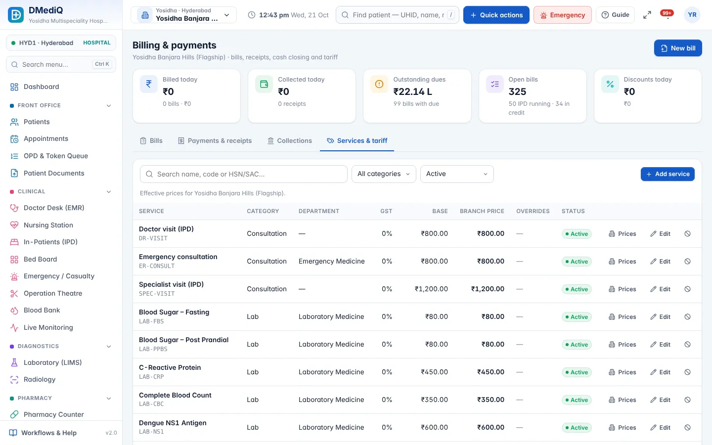 DMediQ — Services & tariff — prices, tax and branch-wise overrides