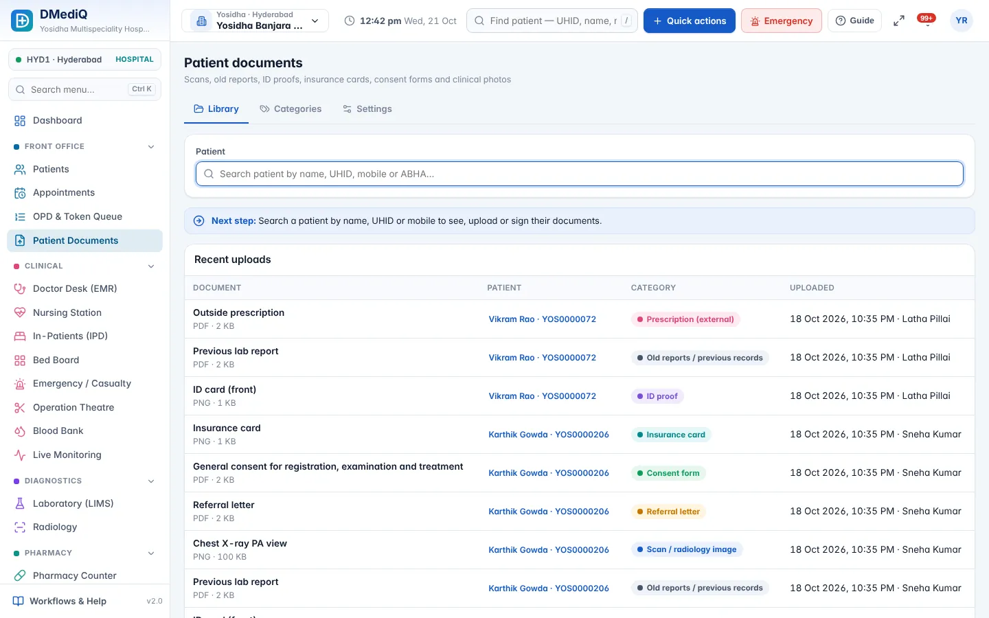 DMediQ — Patient documents — scans, old reports, ID proofs and consent forms