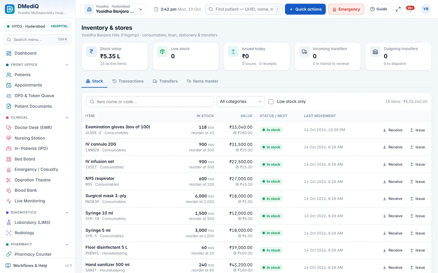DMediQ — Central stores with purchase orders, GRN and stock levels