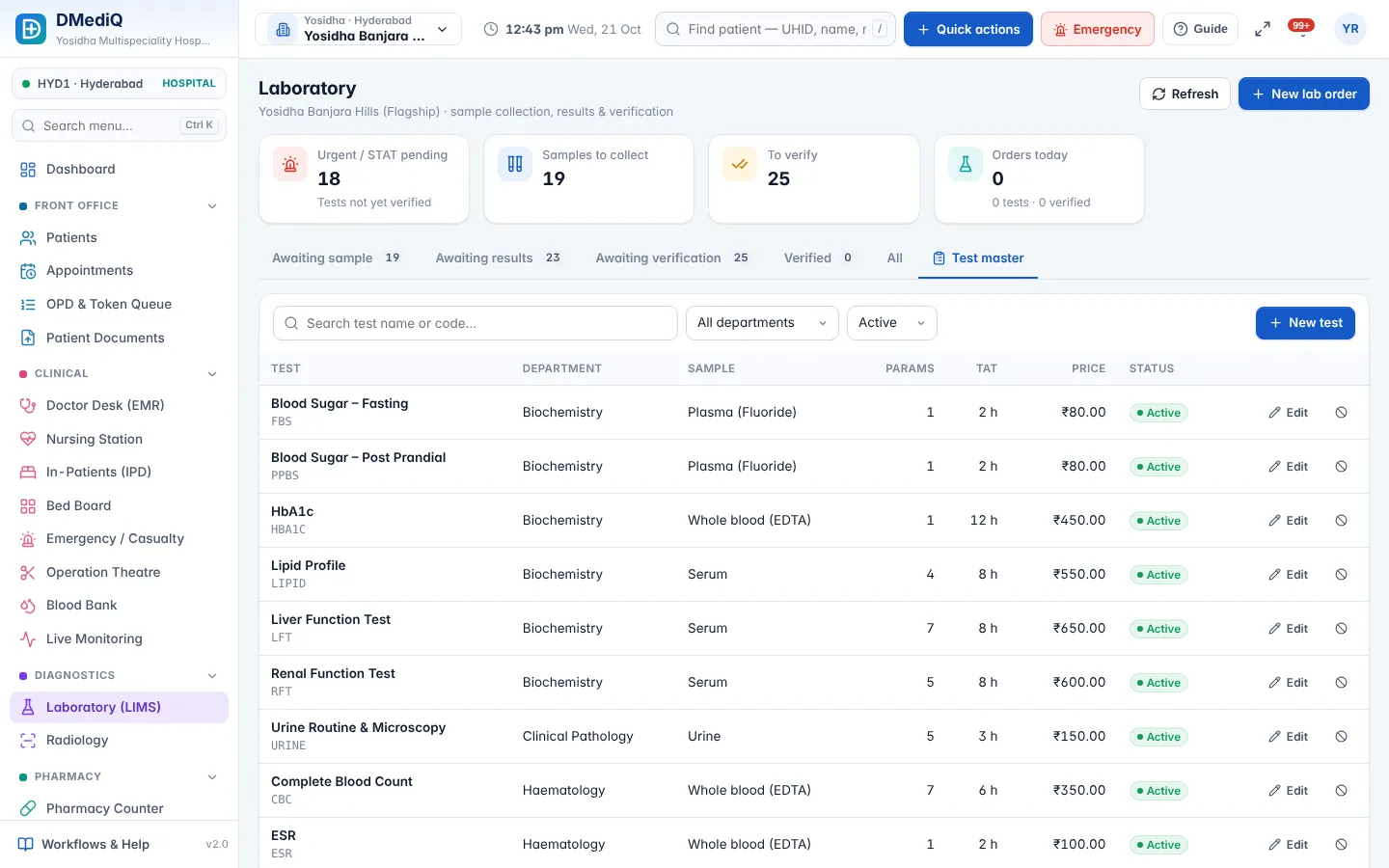 DMediQ — Test master — parameters, sample type, turnaround time and price