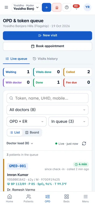 DMediQ on a mobile phone — OPD queue