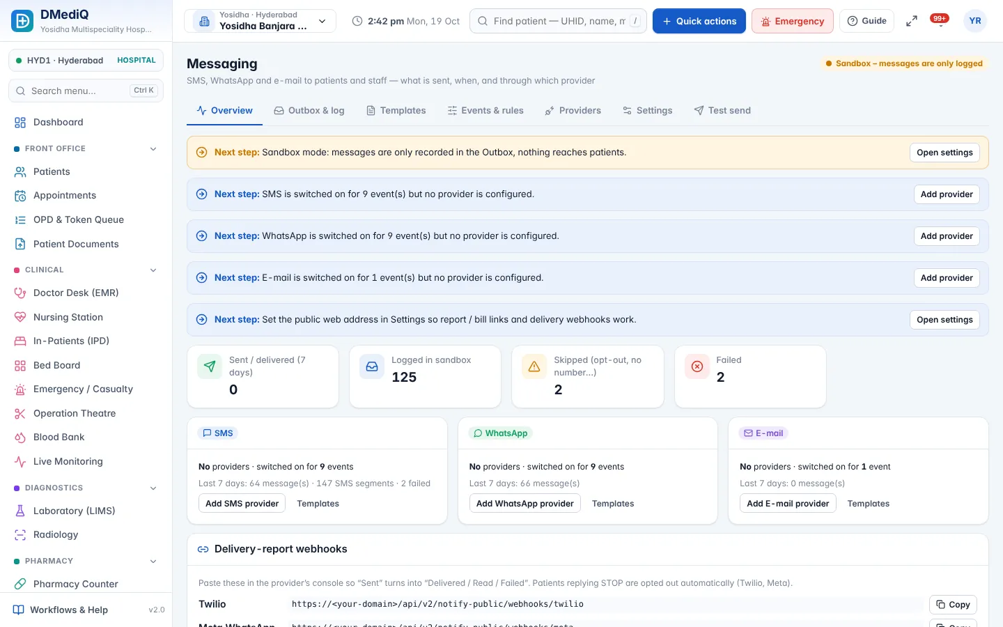 DMediQ Pulmonology — Message templates — choose channel, edit wording, preview with sample data.