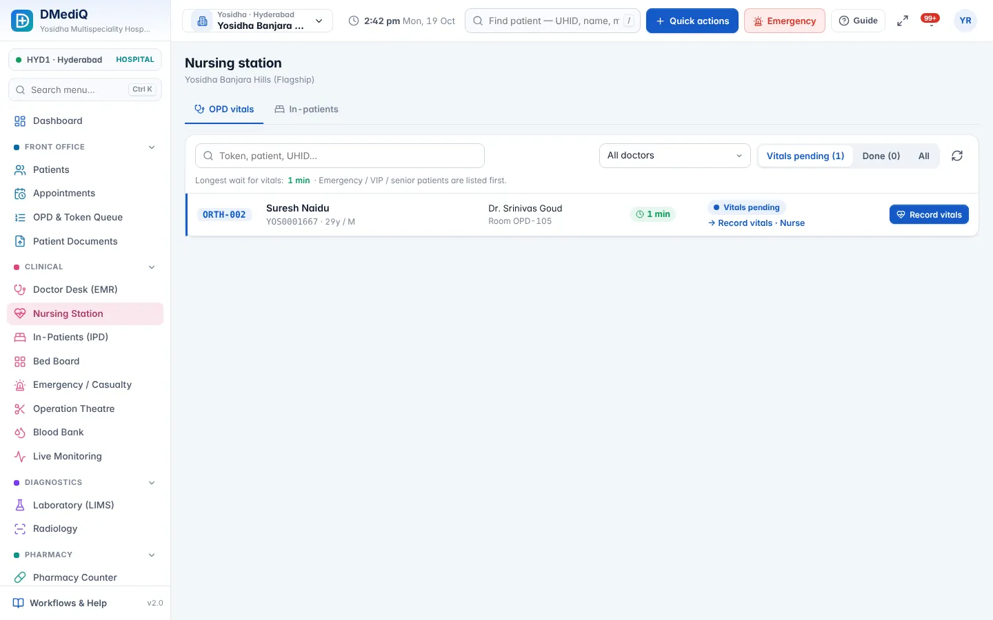 DMediQ — Nursing station with tasks, medication rounds and vitals