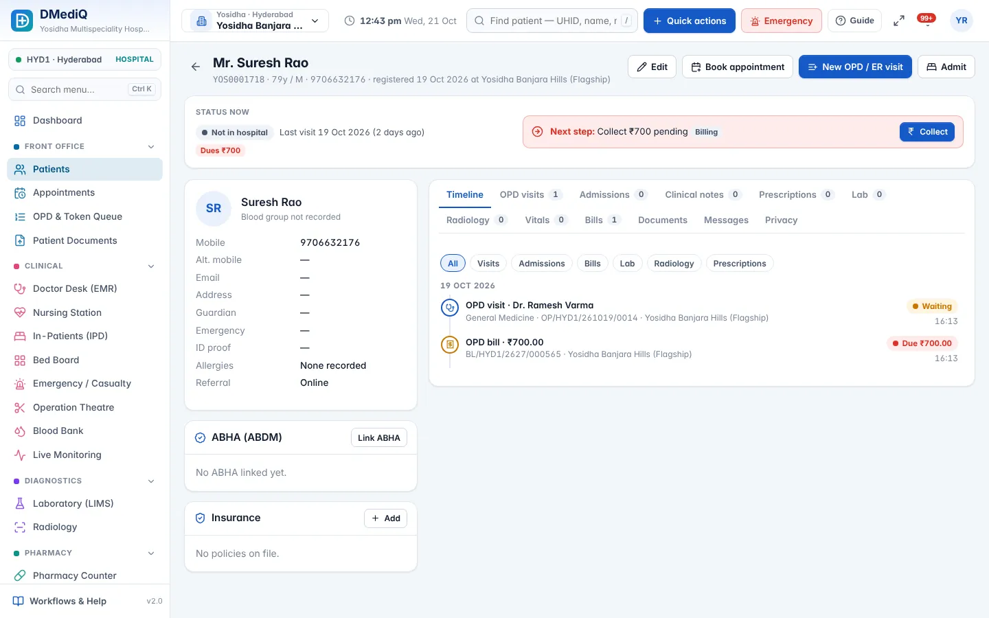 DMediQ — Patient profile — timeline of visits, admissions, bills, lab and documents