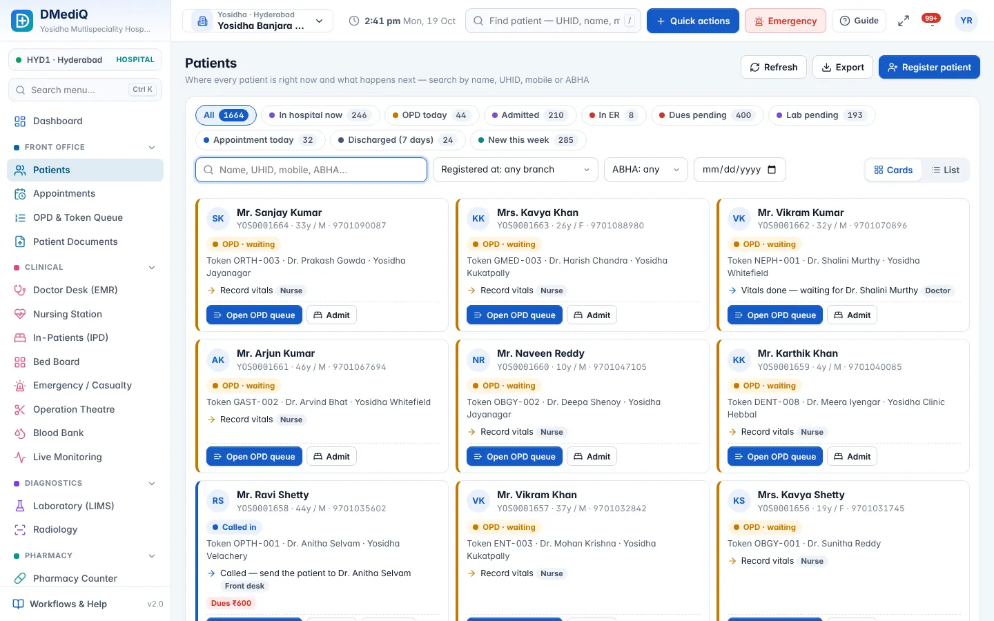 DMediQ — Patient list with status, last visit and dues