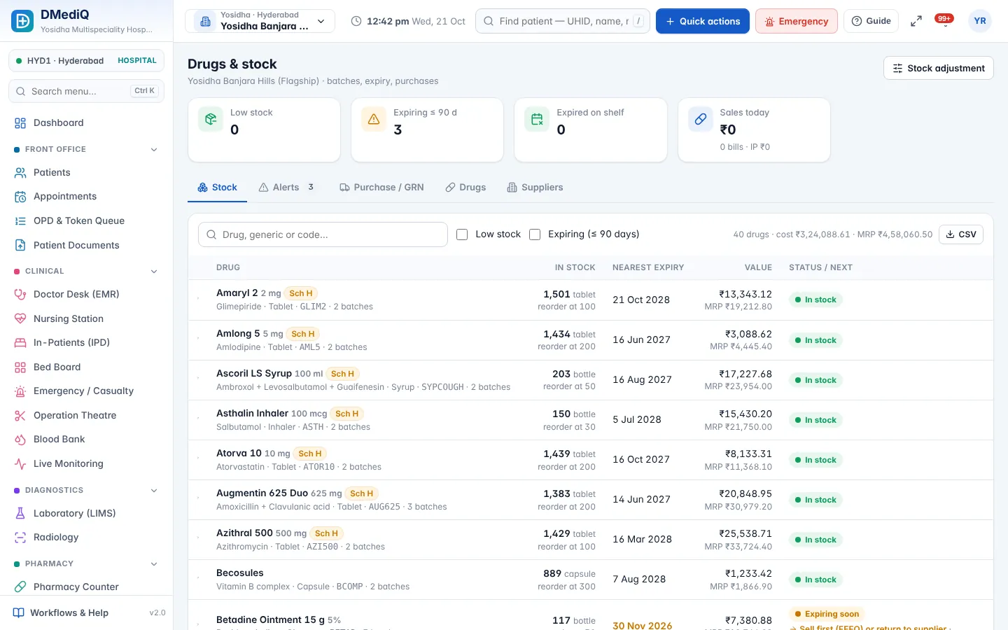 DMediQ — Drugs & stock — batches, expiry alerts, stock value and status