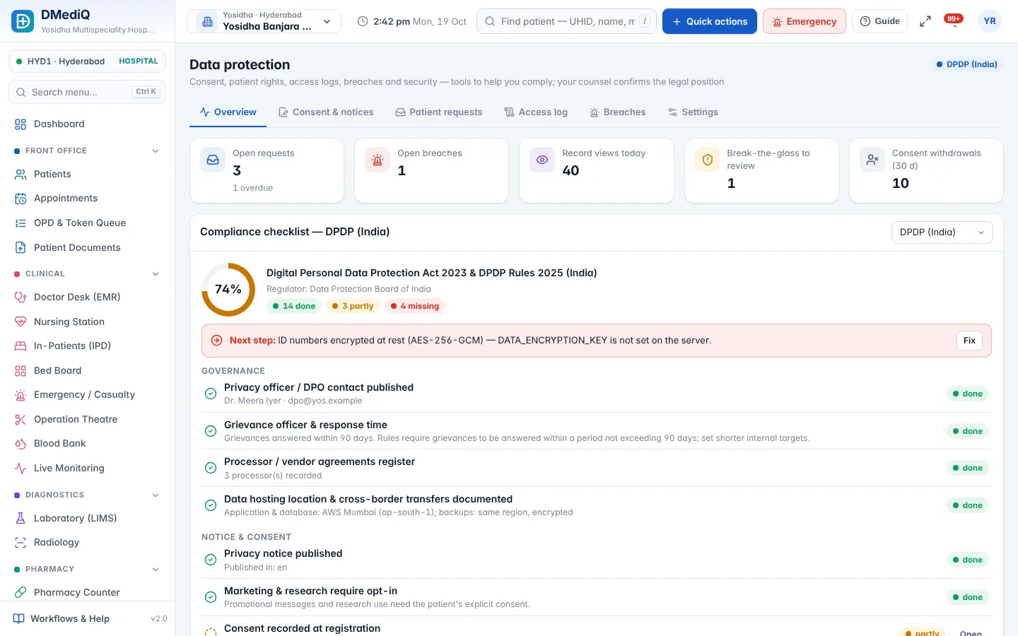 DMediQ Psychiatry — Data privacy centre — consent, access log, data requests, breach register