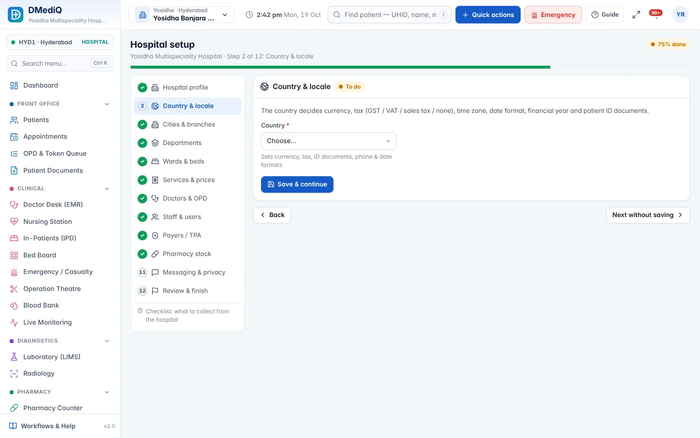 DMediQ — Guided setup wizard for a new hospital